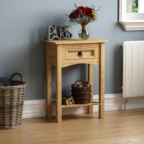 Slim Console Table with Drawer & Shelf, Pine Wood, 70x50x31cm, Rustic Hallway St