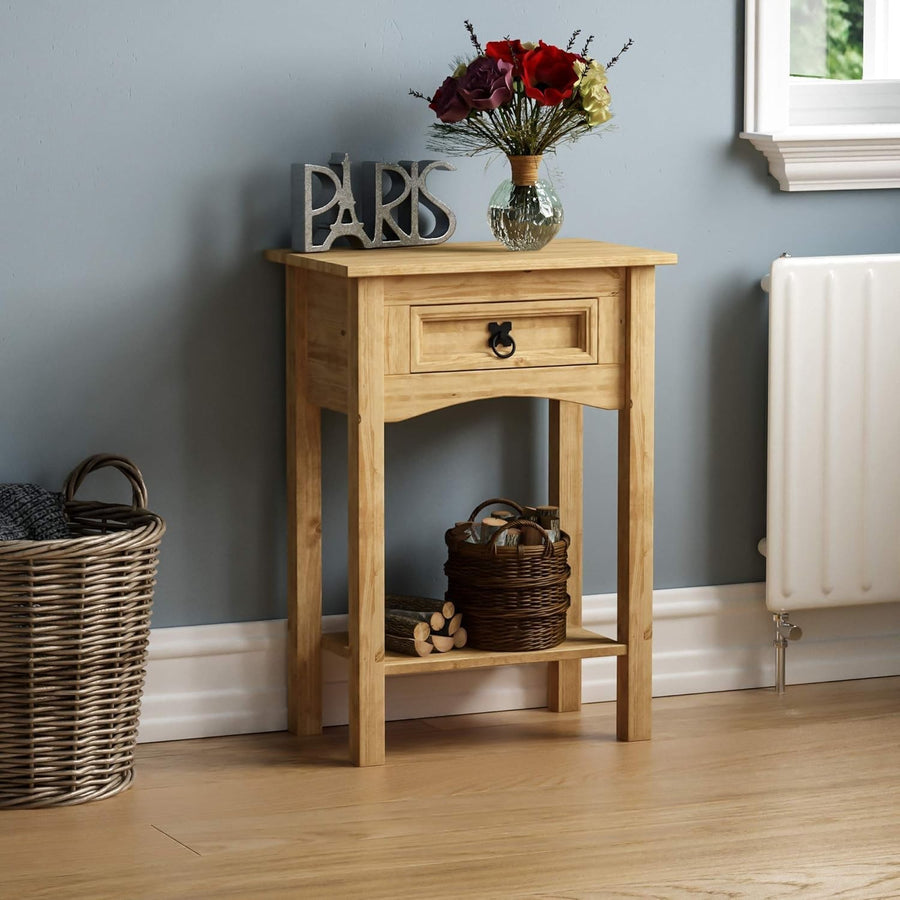 Slim Console Table with Drawer & Shelf, Pine Wood, 70x50x31cm, Rustic Hallway St