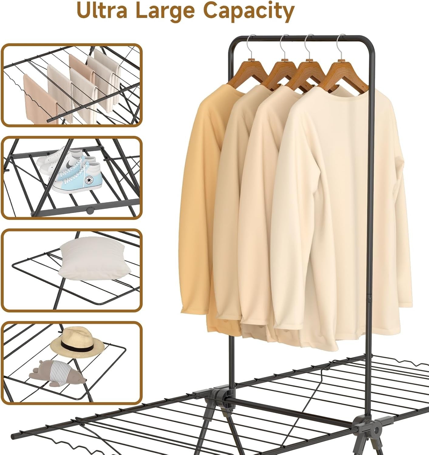 Large Winged Clothes Airer with High Hanger Folding Stainless Steel Drying Rack