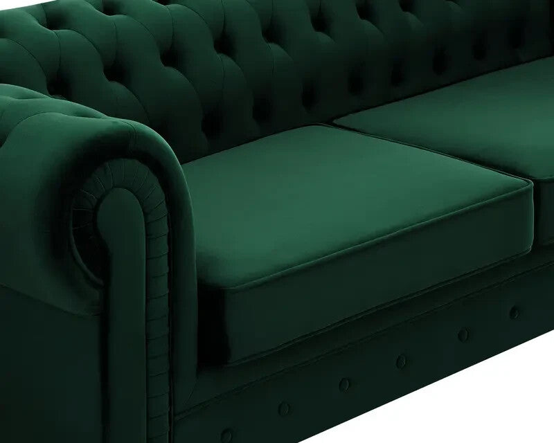 3 Seater Chesterfield Sofa Green Velvet Scroll Arms Plush Living Room