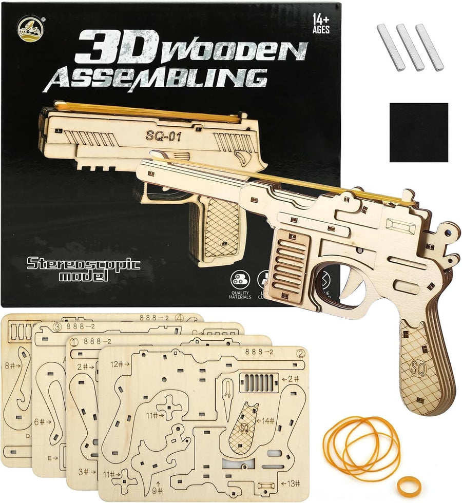 3D Wooden Puzzle Gun Toy Kit DIY Rubber Band Shooter Model for Teens