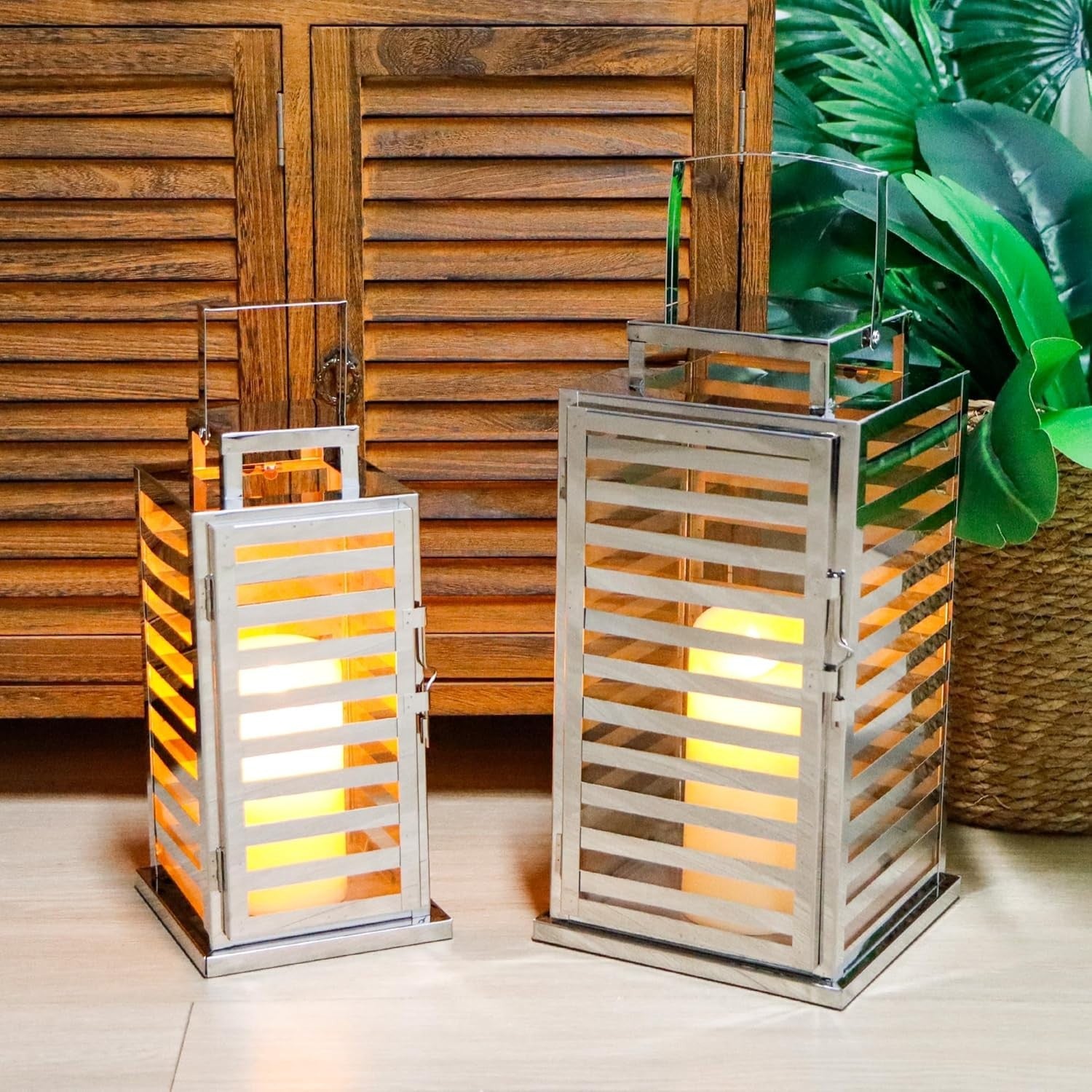 Set of 2 Silver Stainless Steel Candle Lanterns 38 cm