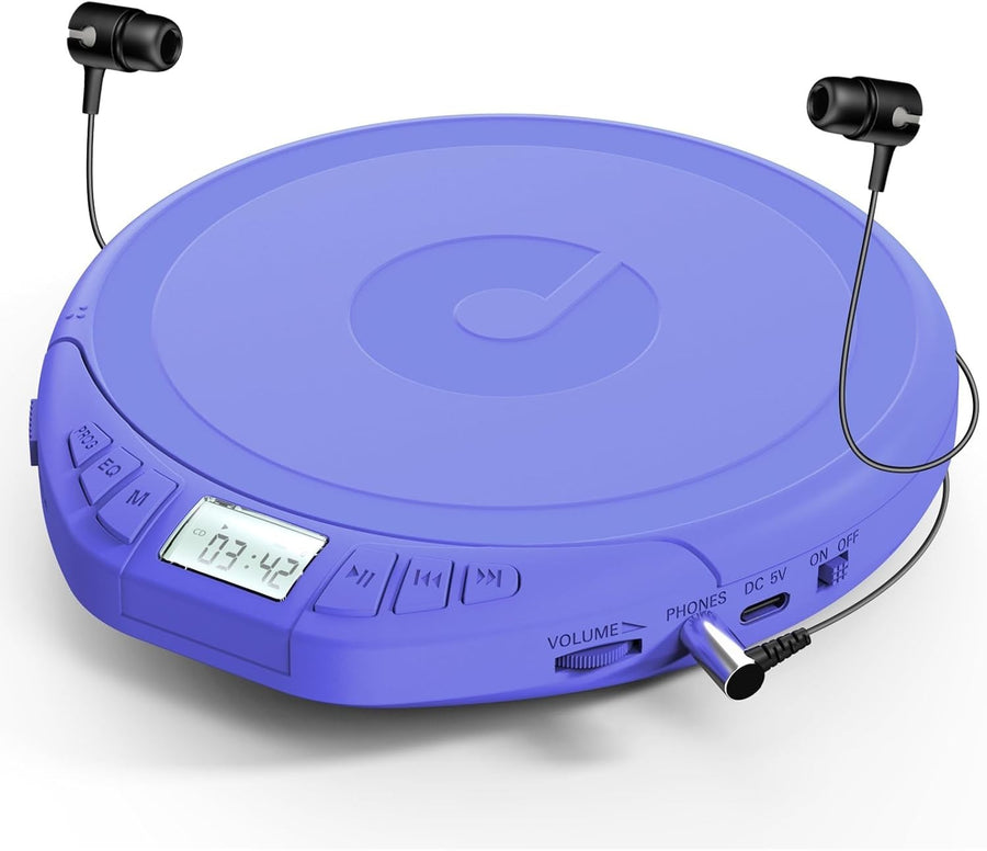 Personal CD Player Portable Anti-Skip LCD Display AUX Car Earphones Blue
