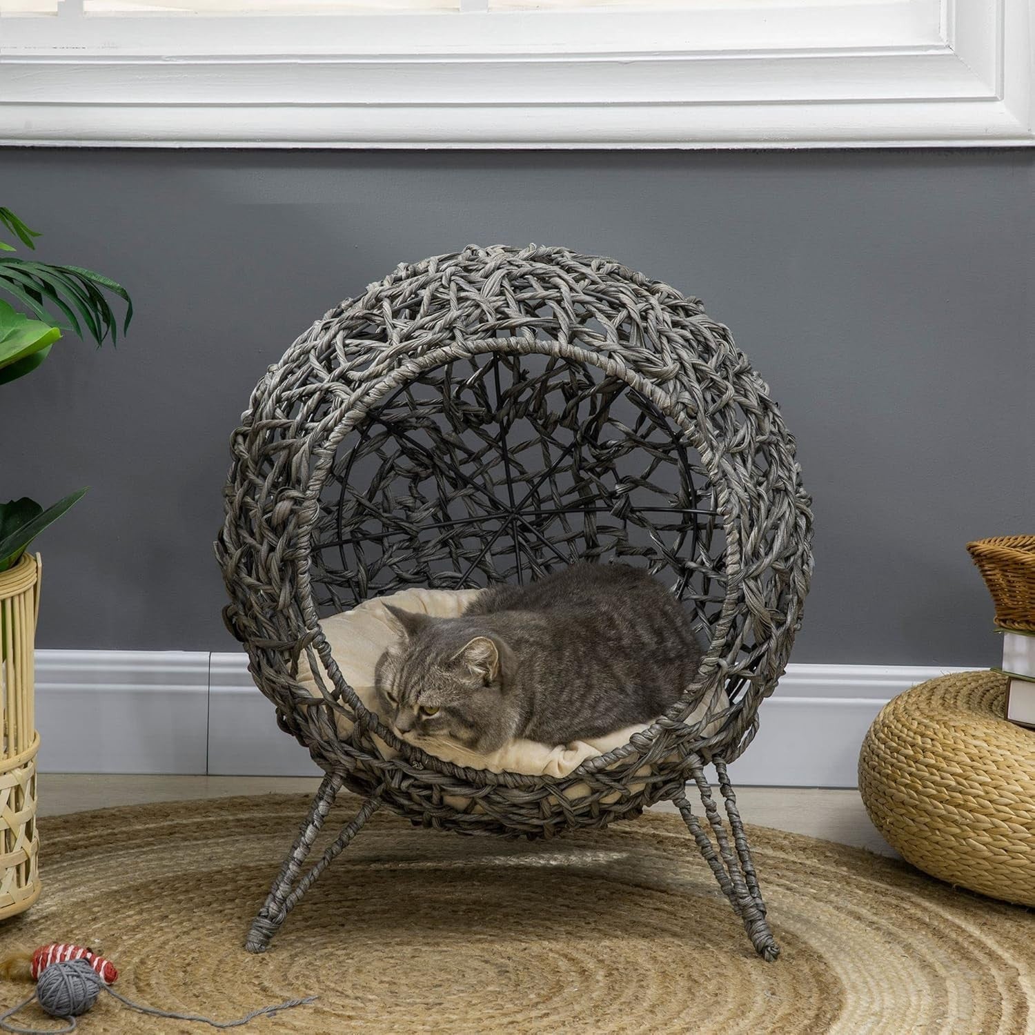 Rattan Elevated Cat Bed House Ball Shape w Cushion Ventilated Cave