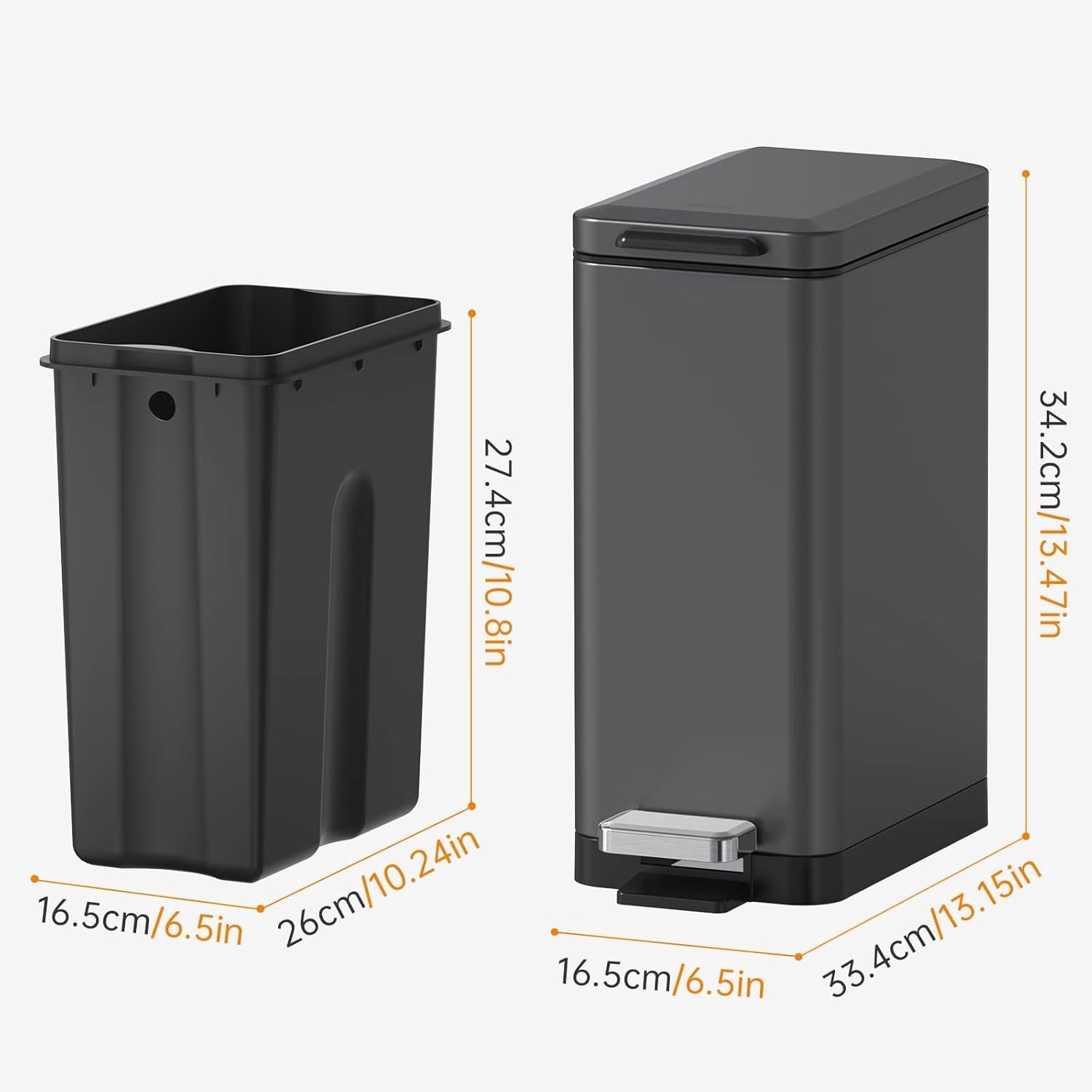 10L Slim Stainless Steel Step Trash Can Soft Close Pedal Bin Grey