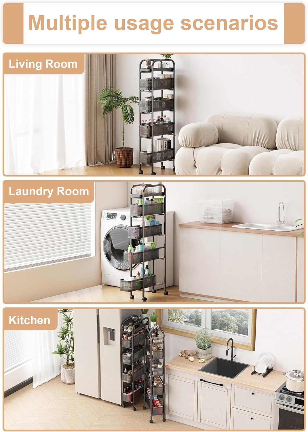 5 Tier Slim Rolling Kitchen Trolley Pull Out Storage Cart Black