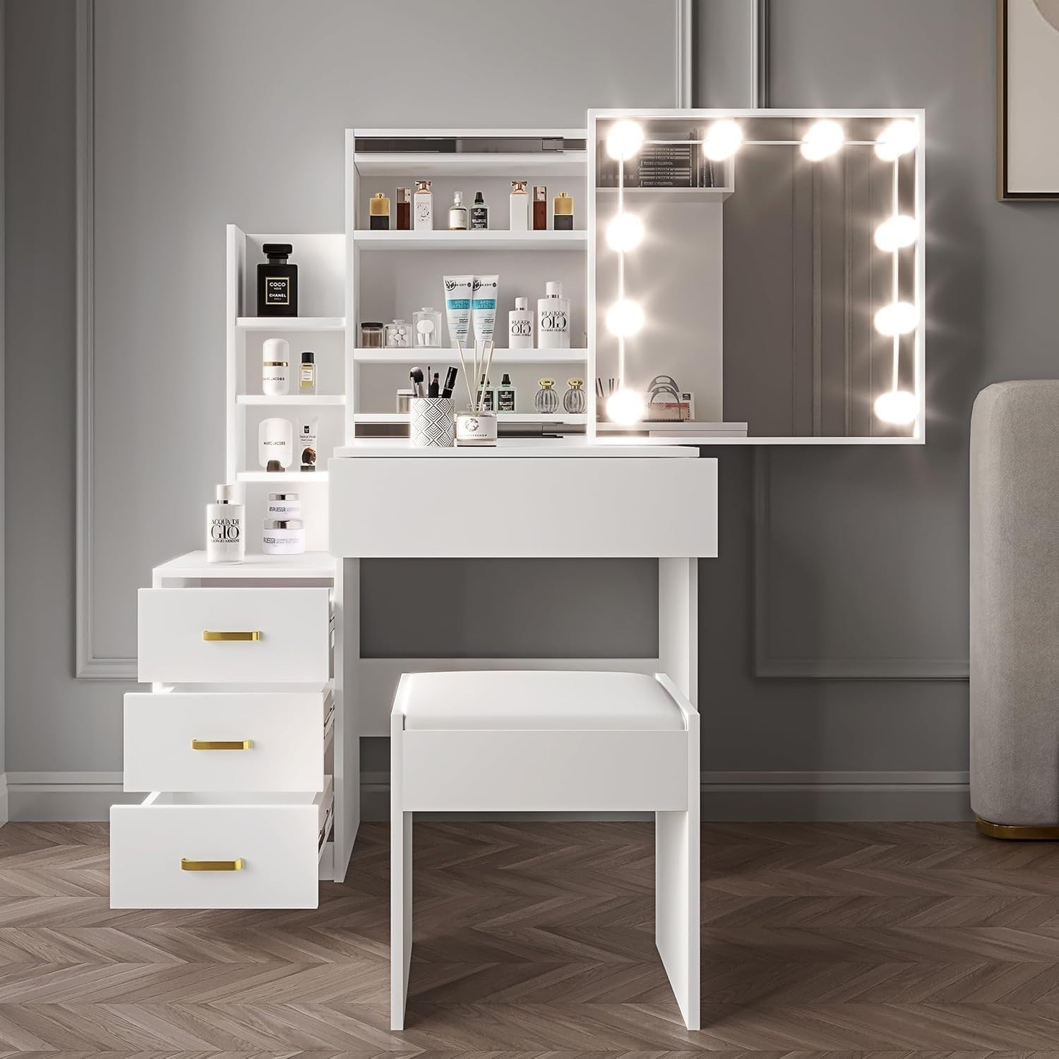 Vanity Table Set with Sliding Mirror, 4 Drawers, LED Light, Makeup Desk