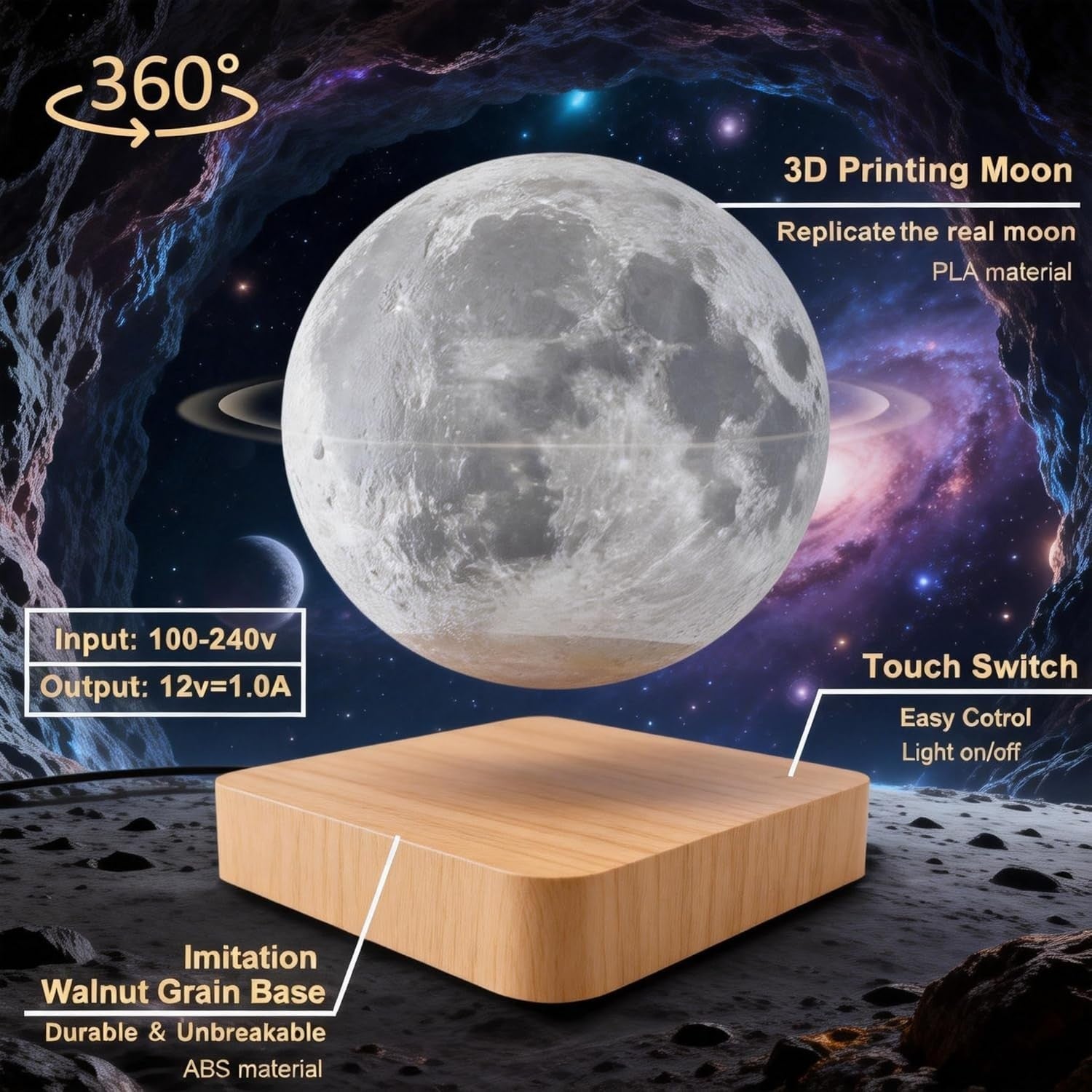 Levitating Moon Lamp 16 Colors, Magnetic Floating 3D LED Night Light Brown