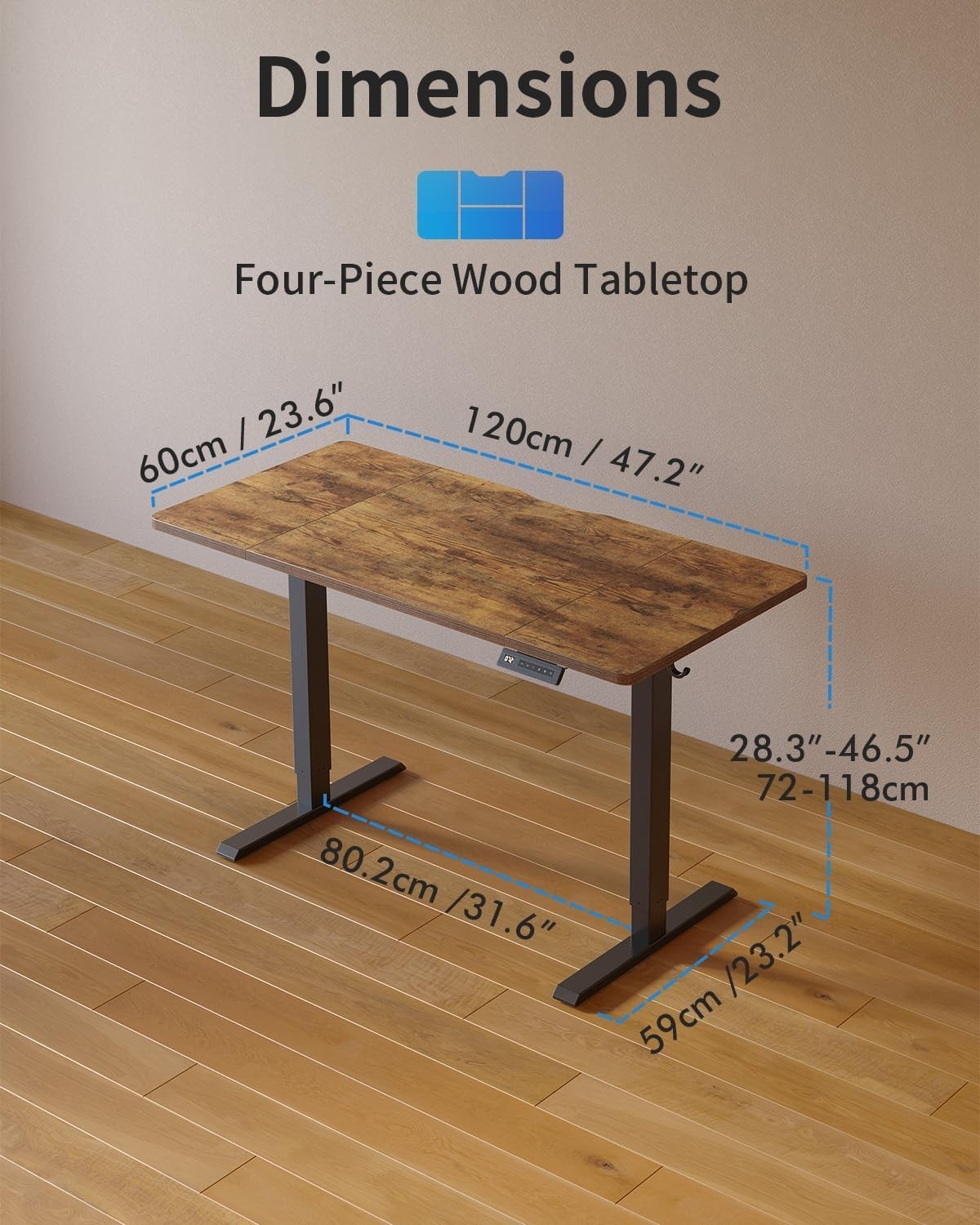 Rustic Brown 120x60cm Electric Standing Desk w/ 4 Memory Settings & Quiet Motor