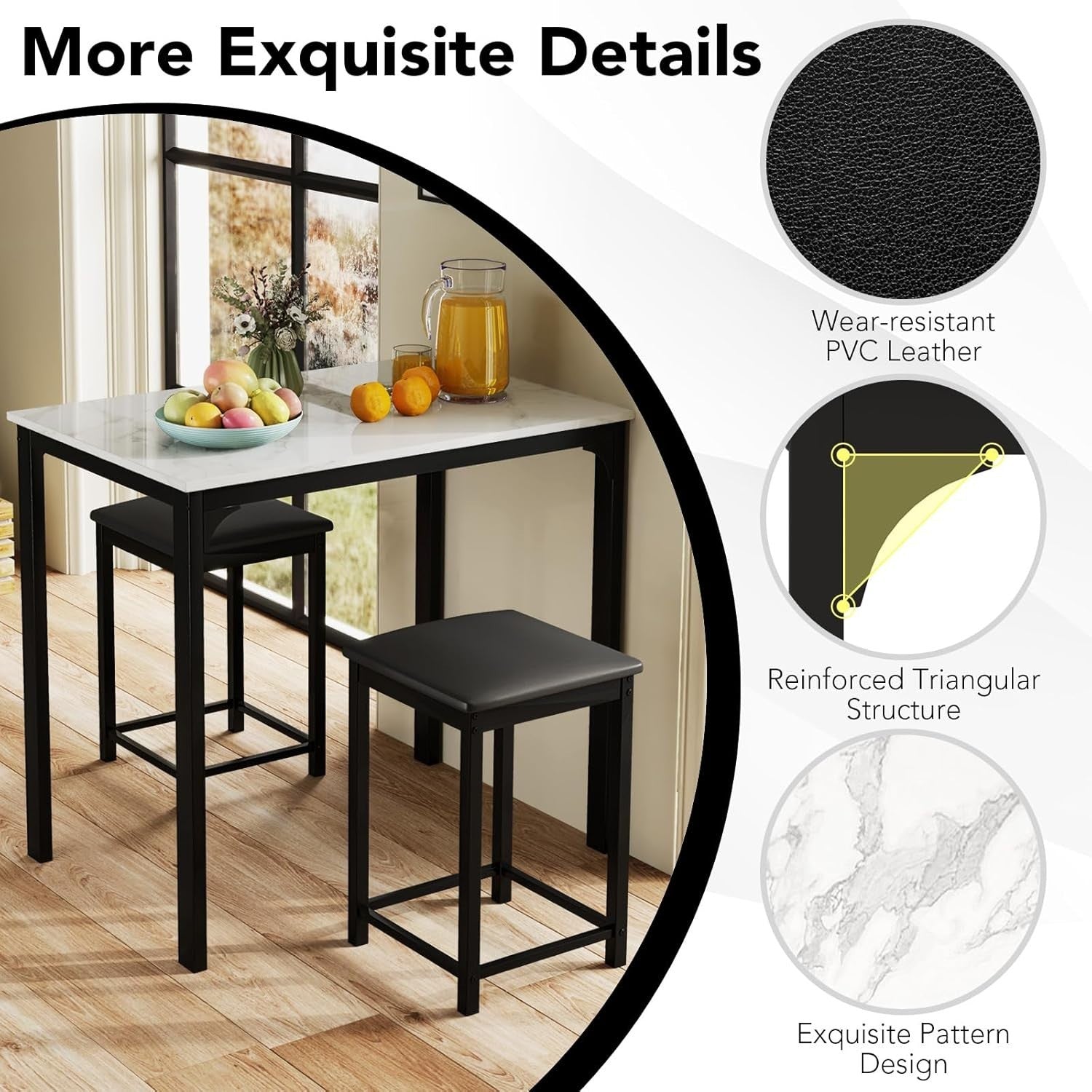 3 Piece Bar Table Set with Stools Marble Effect Top Counter Height Cream White