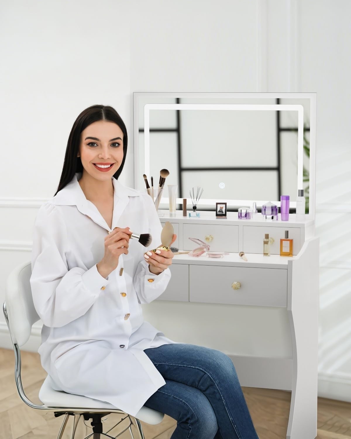 Vanity Dressing Table Set W/ LED Light Mirror Stool 5 Drawers White Compact