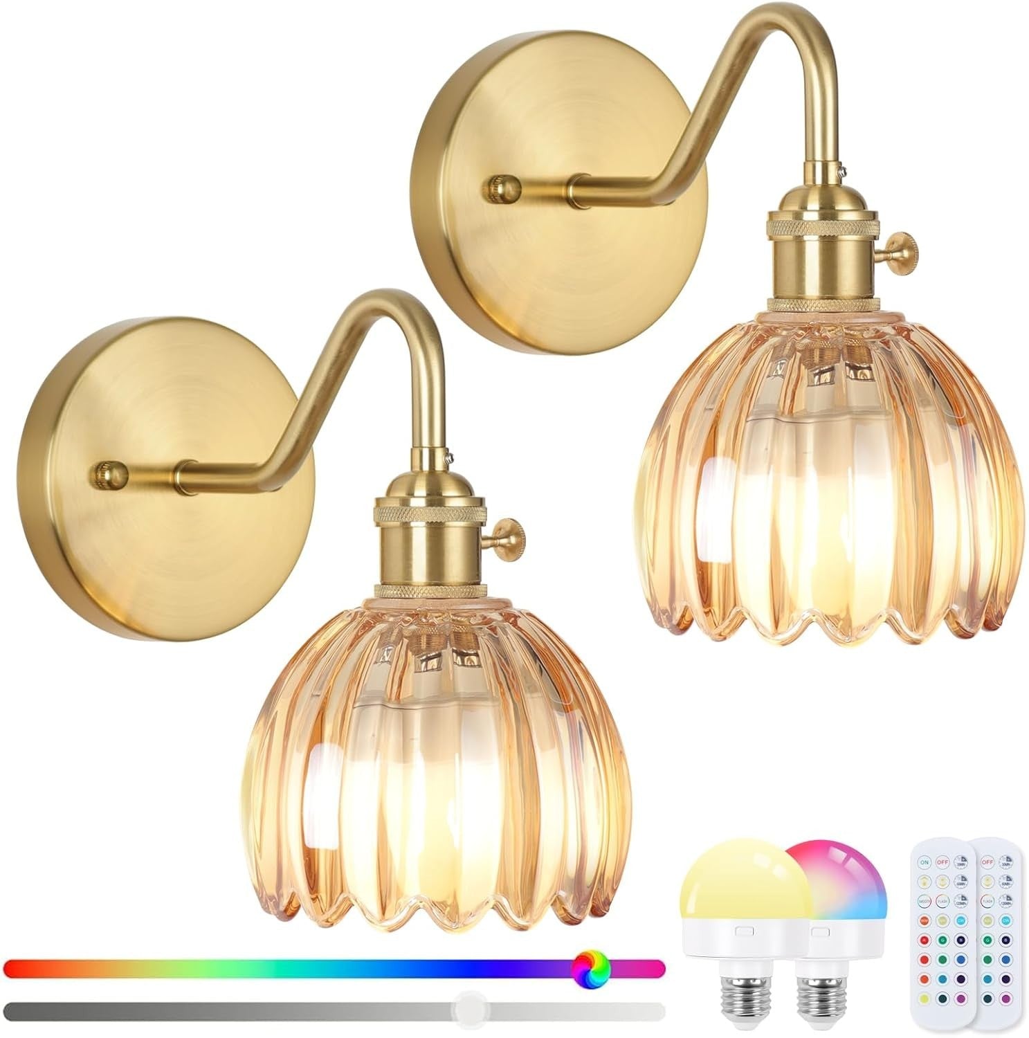 Rechargeable Battery Wall Lights 15 Colors Remote Amber Glass 2-Pack