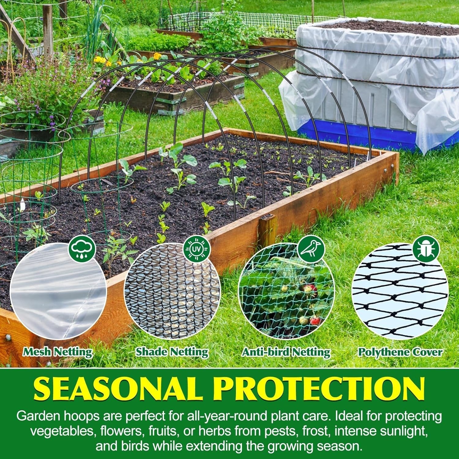 30pcs Garden Hoops for Raised Beds Fiberglass Grow Tunnel Kit with Clips & Pegs