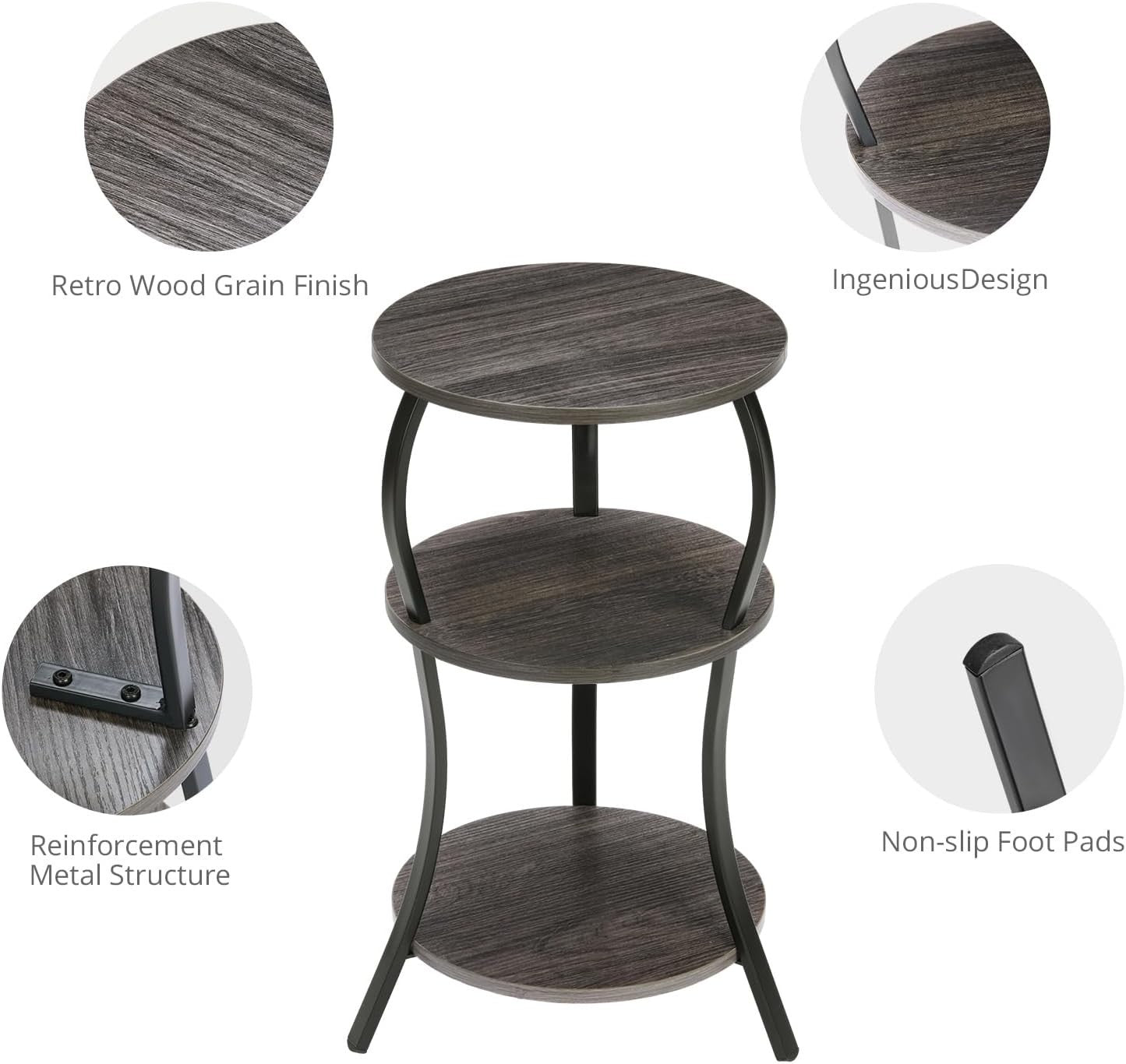 Grey 3-Tier Round Side Table 30x30x55 cm | Slim End Table w/ Storage