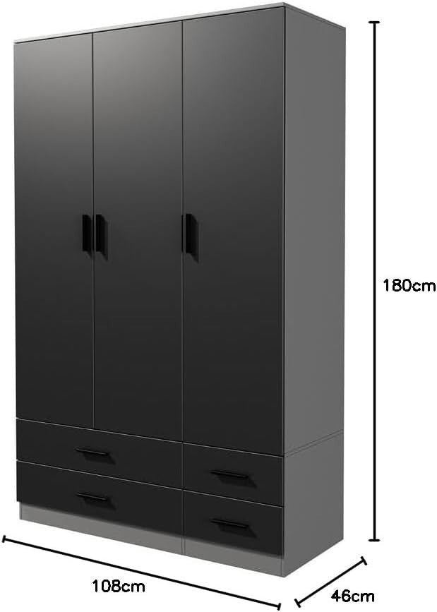 Black & Grey 3 Door Wardrobe 4 Drawers Rail Bedroom Cupboard Storage Modern