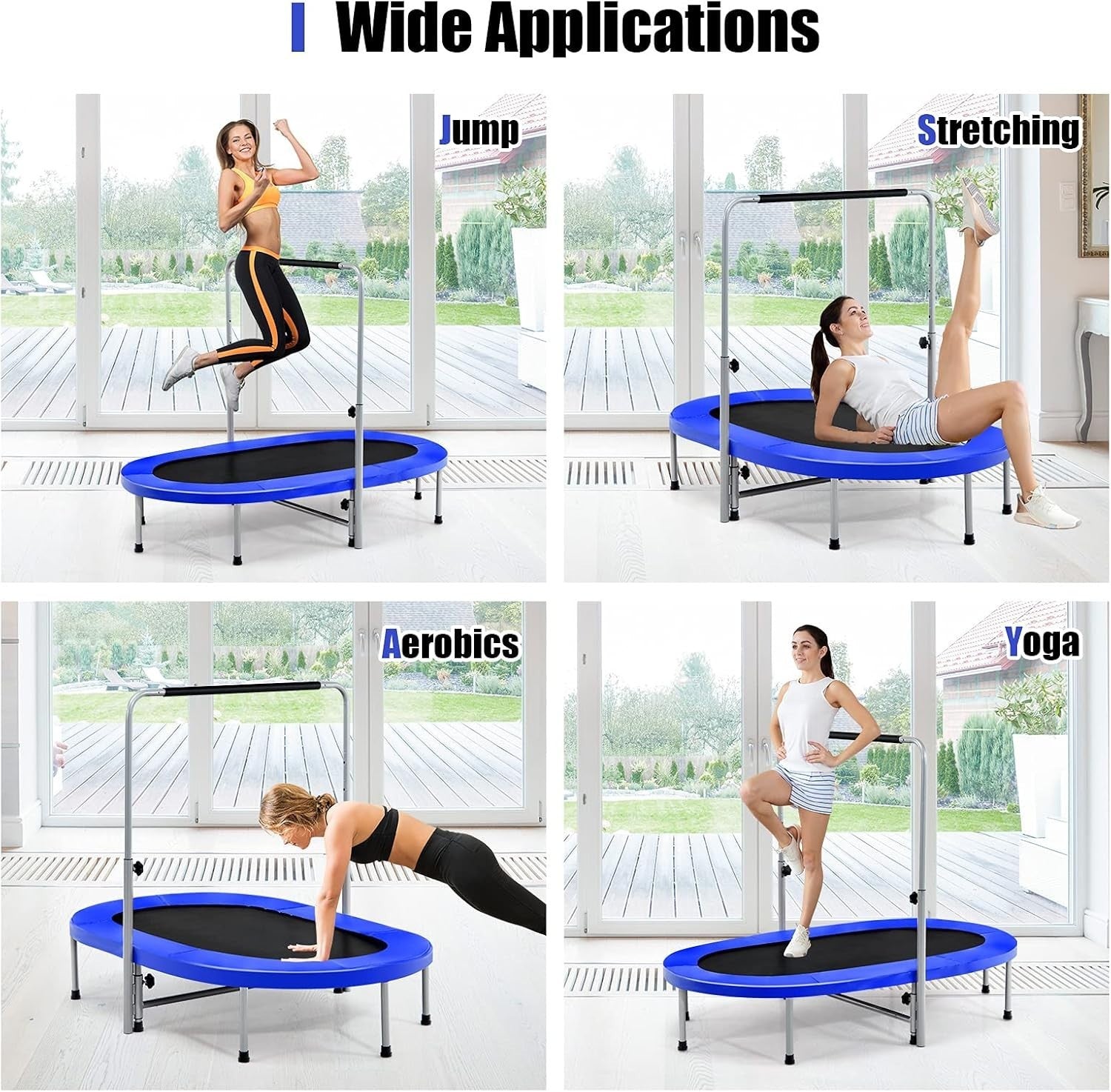 Oval Foldable Trampoline for Two Adjustable Handle Indoor Fitness 150KG