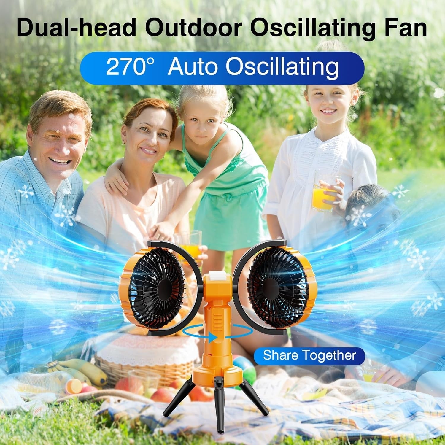 Yellow Camping Fan with LED Light – 4-Speed 360° Oscillating USB Rechargeable