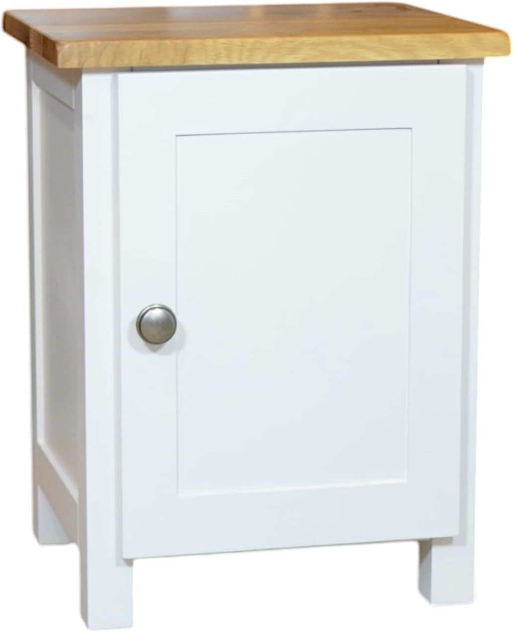 Solid Wood Bedside Table with Oak Top – 1 Door White Cabinet, Ready Assembled