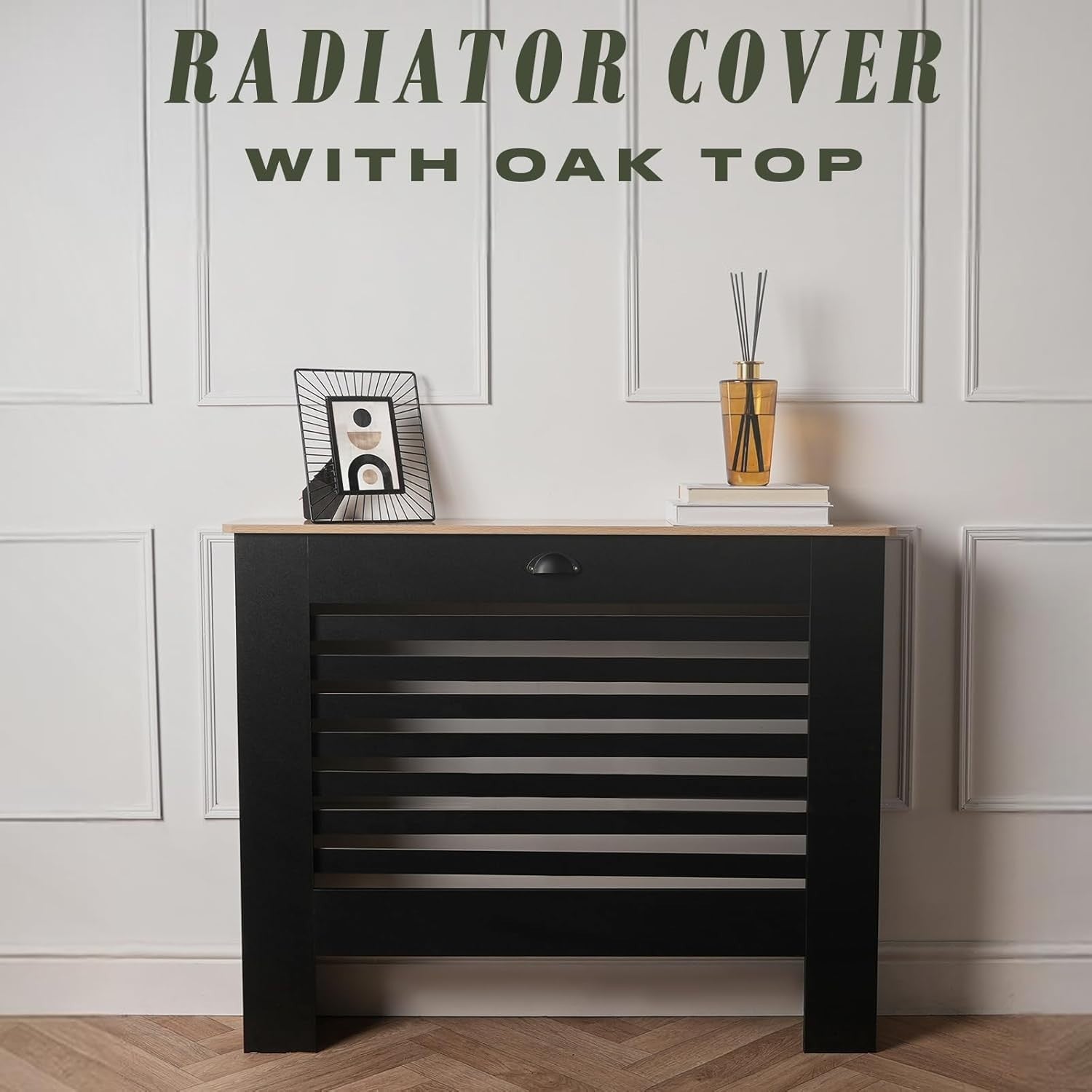 Modern Black Radiator Cover Shelf | Natural Oak Top Heating Cabinet