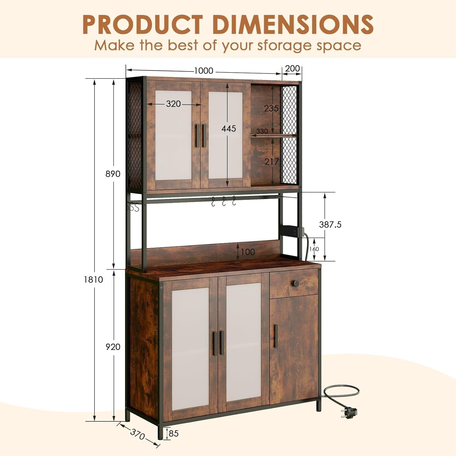 Rustic Brown & Black Tall Kitchen Pantry Cupboard 5 Doors 1 Drawer