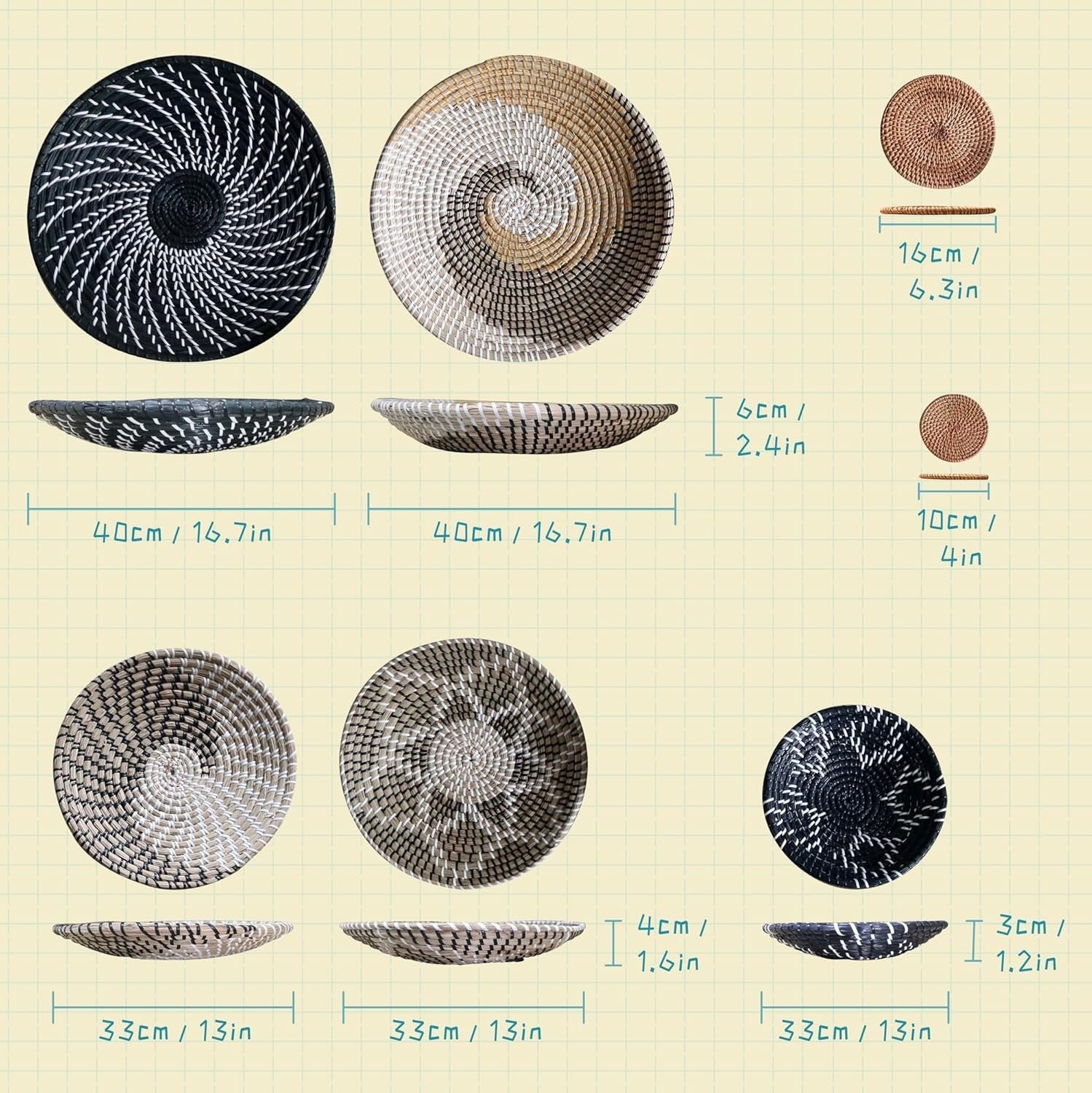 7-Pc Boho Woven Wall Baskets Natural Rattan Seagrass Decor