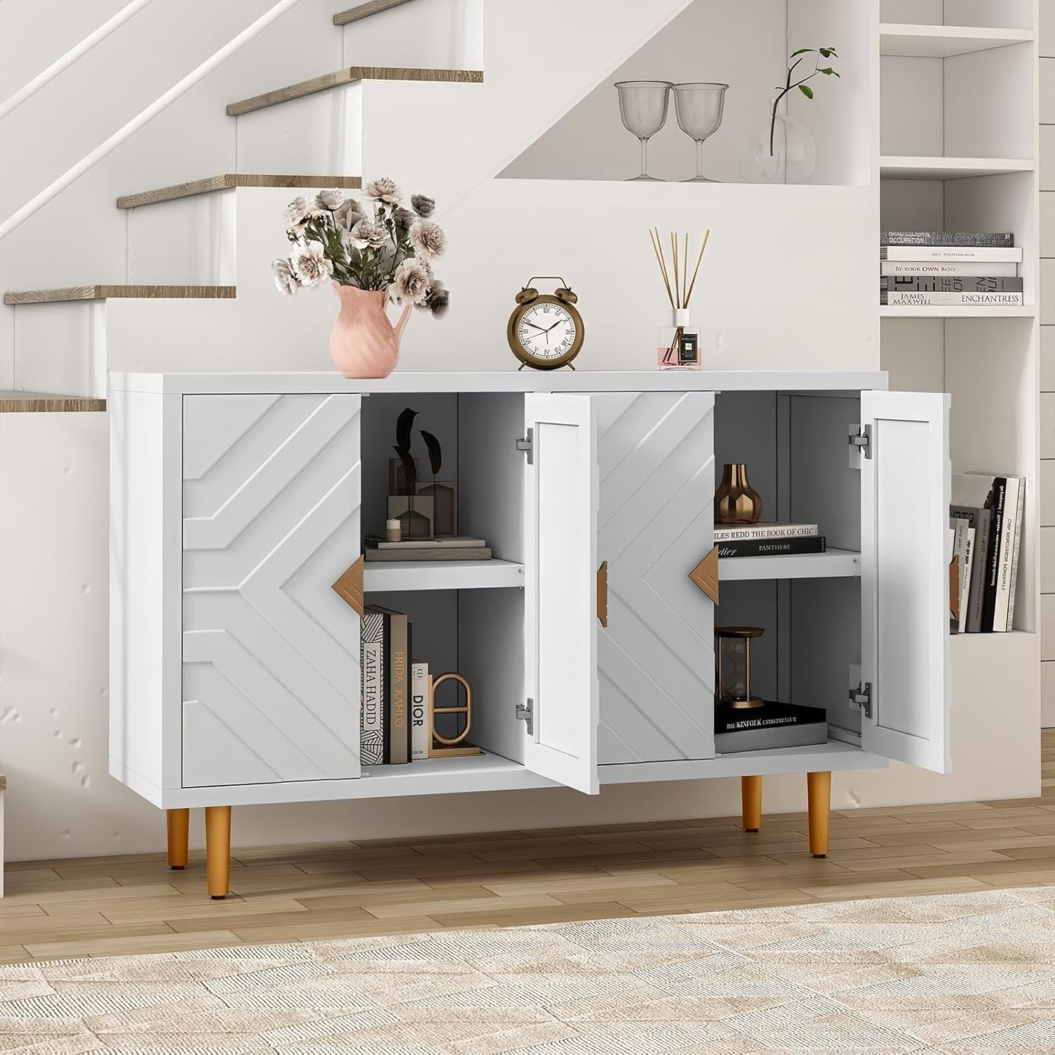 White Kitchen Sideboard Cabinet 4 Doors Storage Buffet Table with Shelves