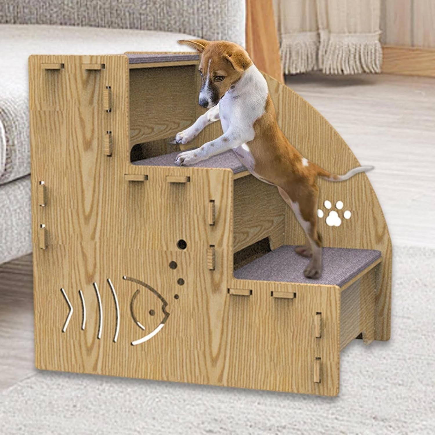 3‑Step Wooden Pet Stairs & Ramp for Couch Bed – Non‑Slip Safe Steps