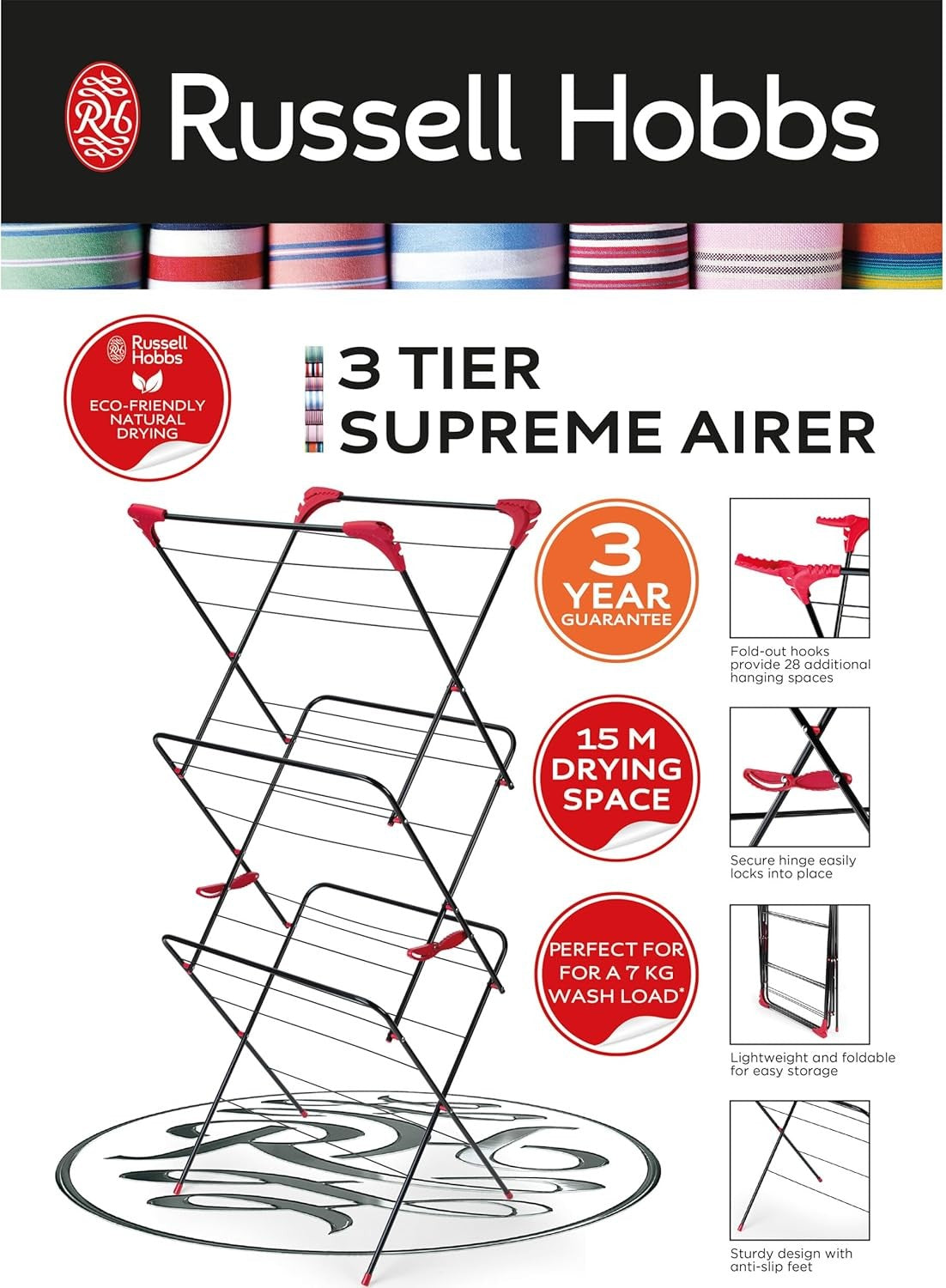 3 Tier Clothes Airer Indoor Folding Laundry Drying Rack 15m Space Non Slip Feet