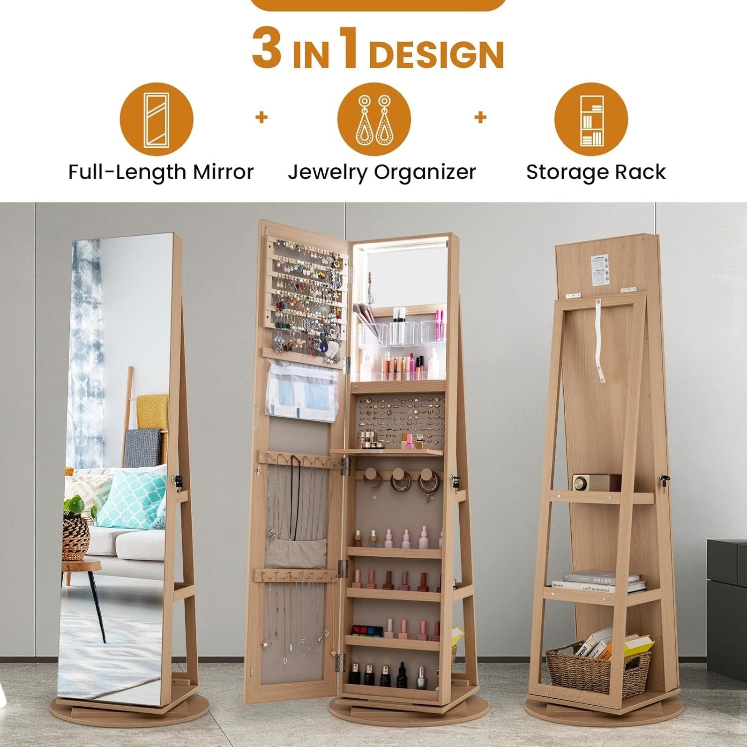 Natural Wood Rotating Jewelry Armoire LED Mirror Lockable Storage