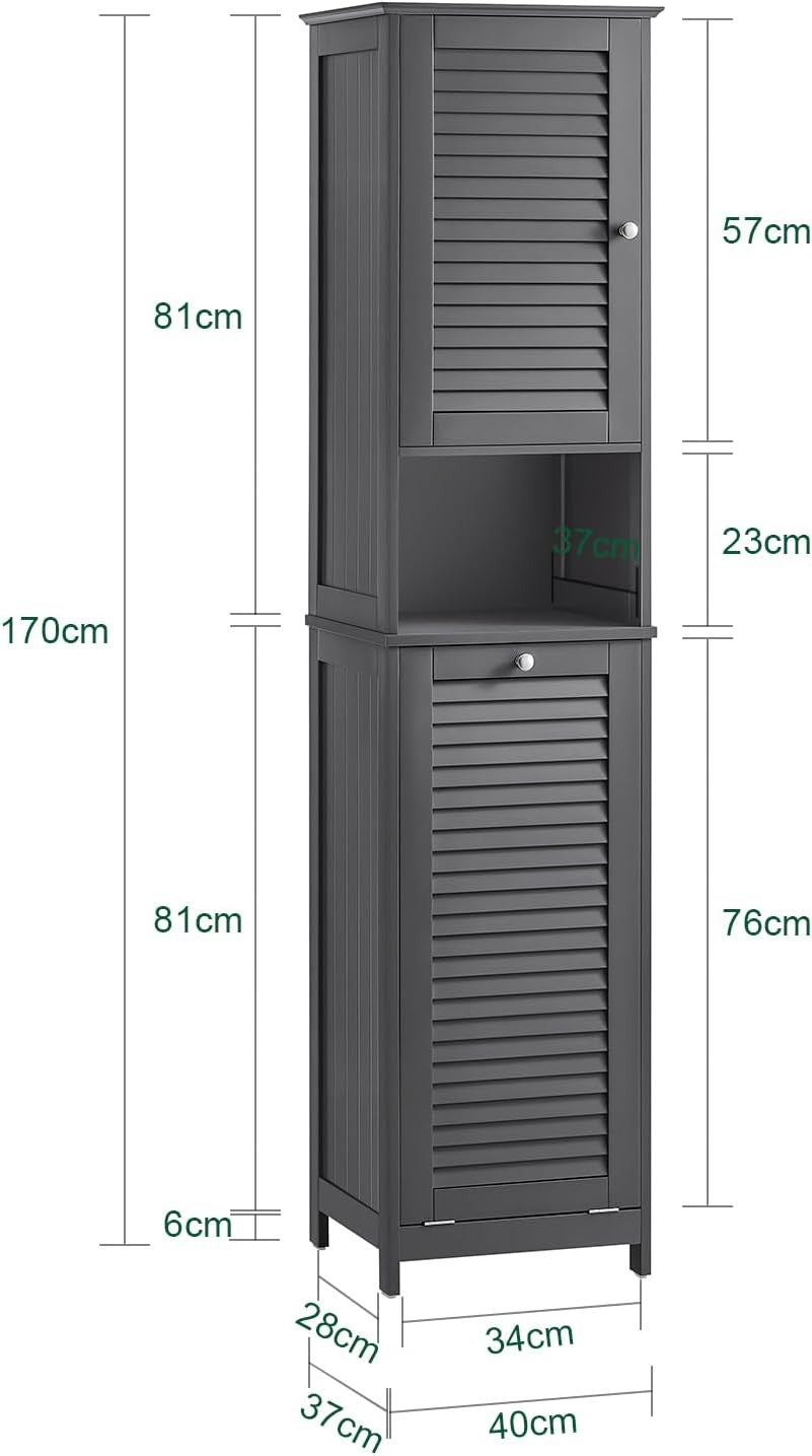 Tall Bathroom Storage Cabinet with Laundry Basket Slim Freestanding Unit Grey