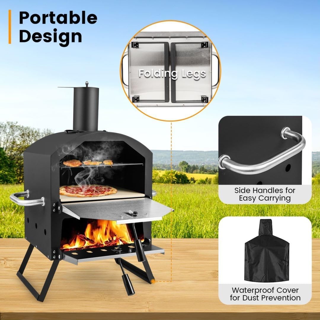 2-Tier Outdoor Wood Fired Pizza Oven BBQ Grill Cooker w Stone & Cover 54x31x72cm