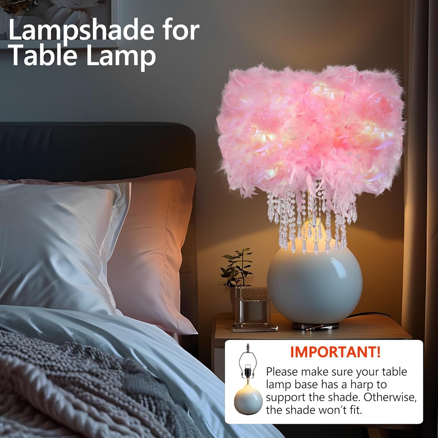 Pink Feather Lampshade Fluffy Drum Ceiling Pendant Shade Crystal Drops