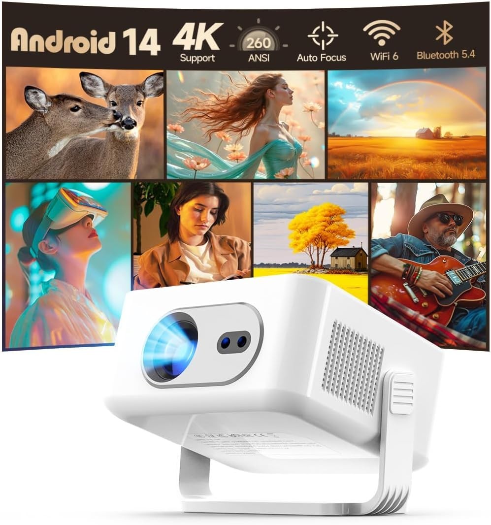 Android 14 WiFi 6 Smart Mini Projector 4K Support Auto Focus Portable