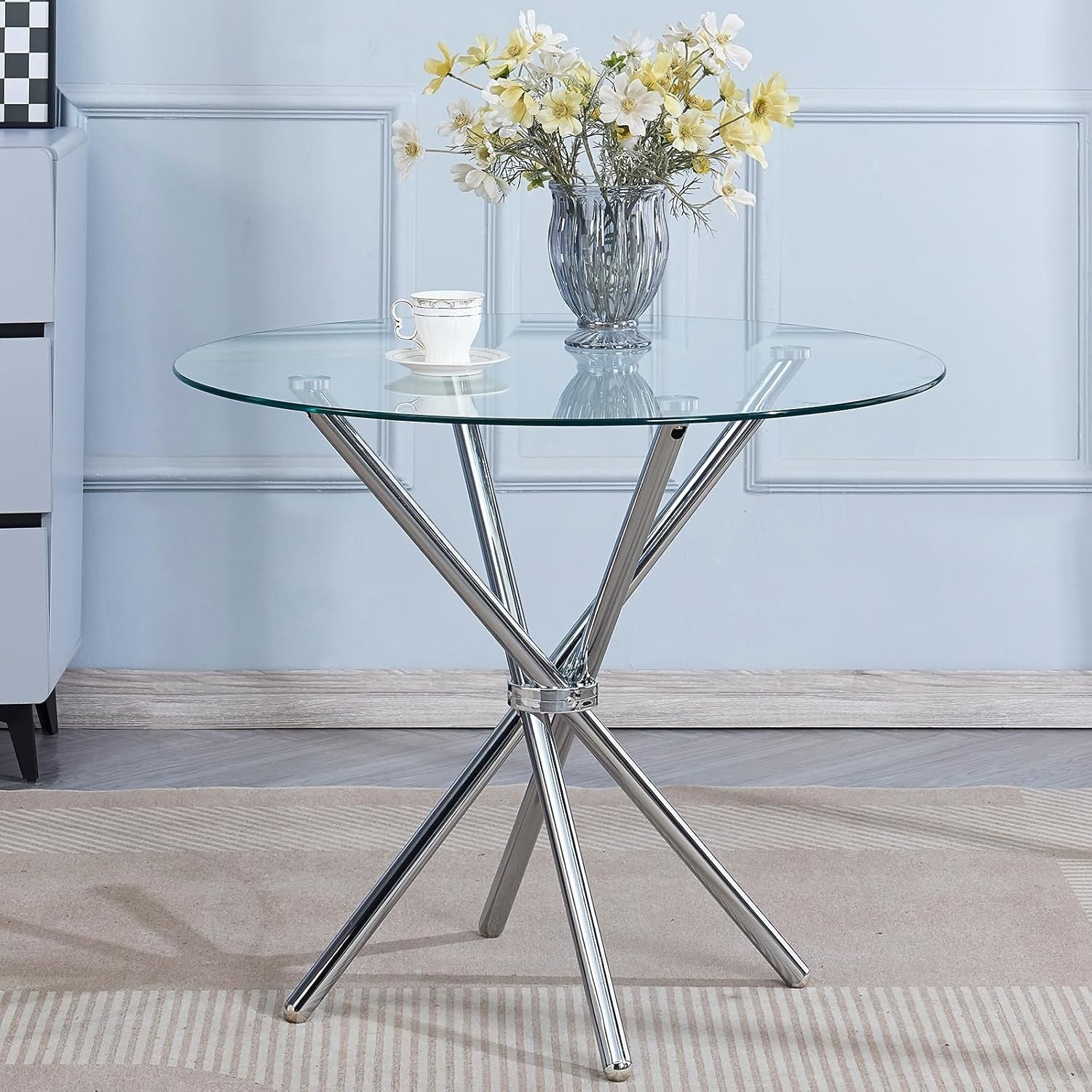Round Glass Dining Table Set  of 4 Grey Faux Leather Chairs Compact Kitchen