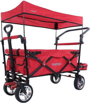 Red Folding Kids Wagon w/ Roof Push Pull Cart Brakes Solid Wheels & Extension