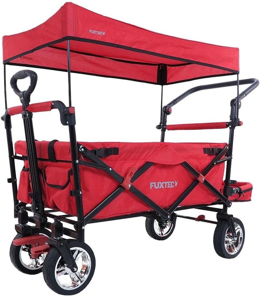 Red Folding Kids Wagon w/ Roof Push Pull Cart Brakes Solid Wheels & Extension