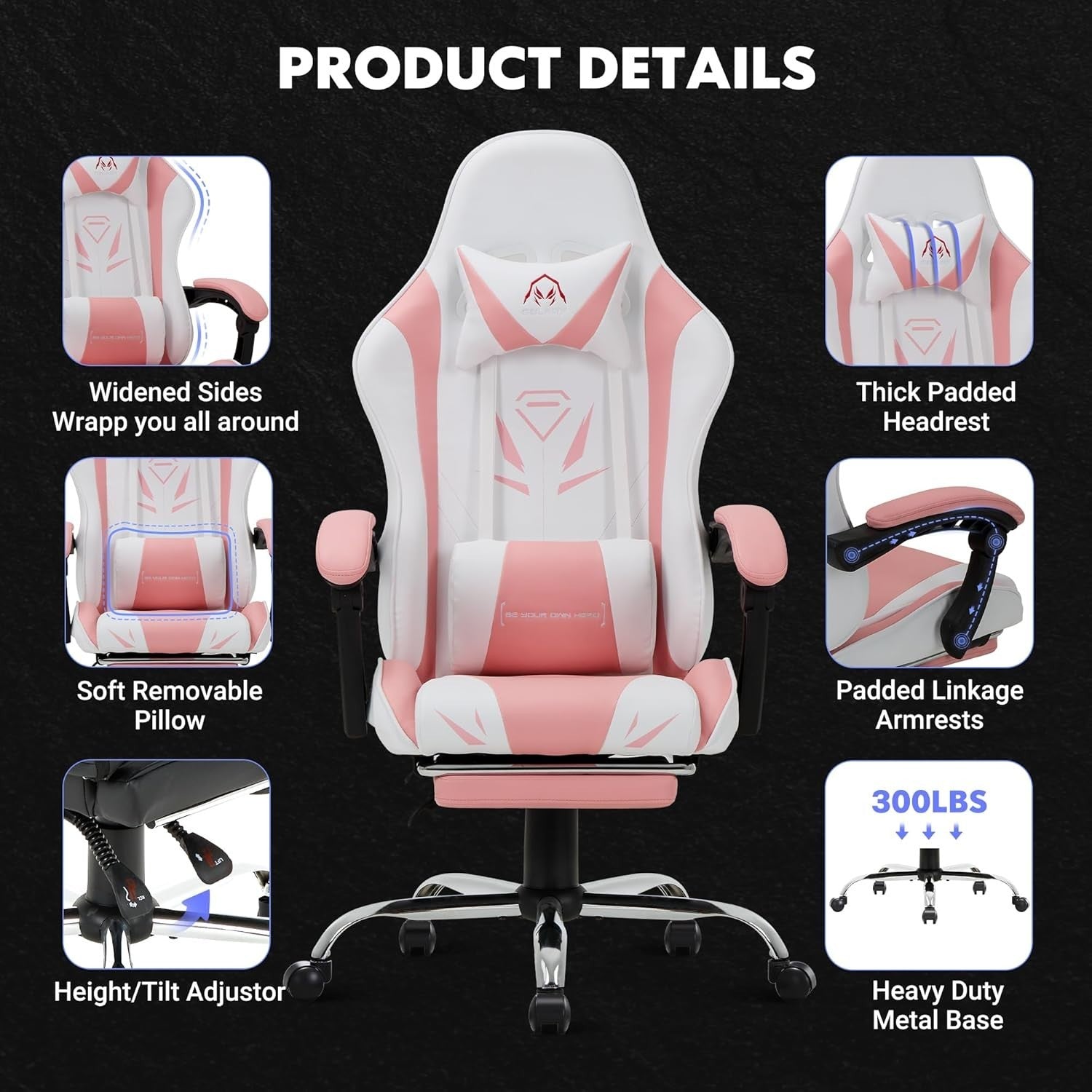 High-Back Pink Gaming Chair for PC/Video Gamers - Faux Leather Swivel Modern