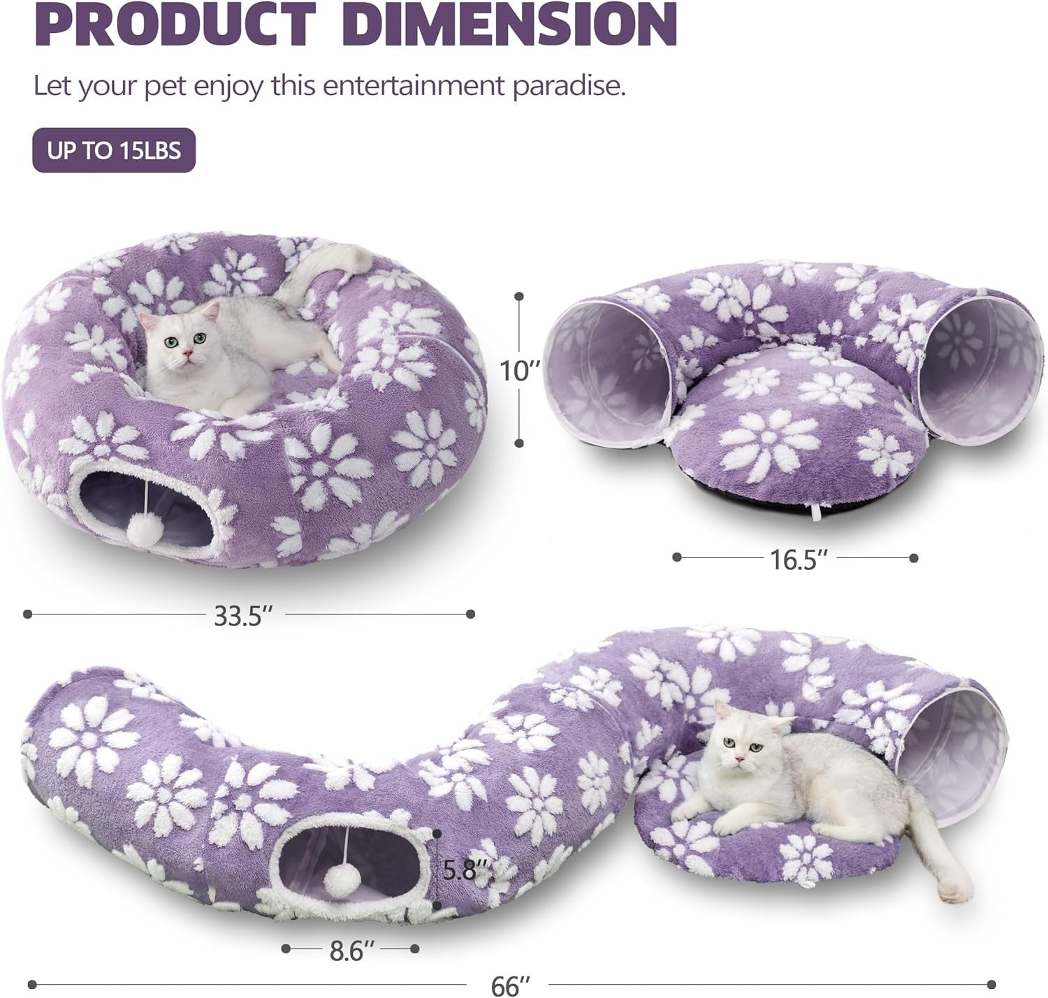 Cat Donut Tunnel Bed Peekaboo Cave w Cushion & Hanging Ball Purple