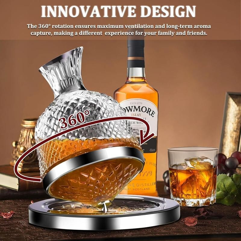 360° Rotating Crystal Wine Decanter – Diamond Cut Aerator Gift for Bar Use