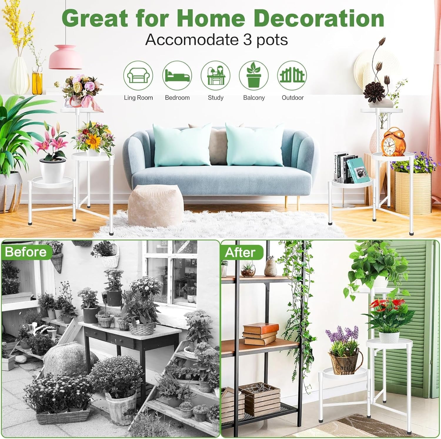 3 Tier White Metal Plant Stand Indoor Outdoor Corner  Rack Flower Pot Display