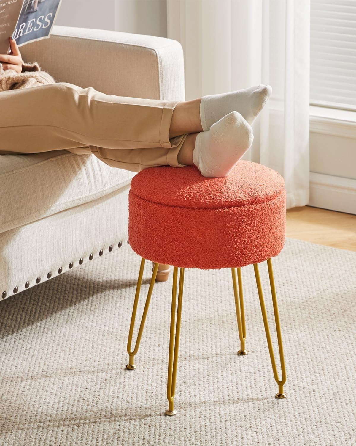 Orange Teddy Velvet Storage Footrest Stool – Vanity Ottoman with Golden Legs