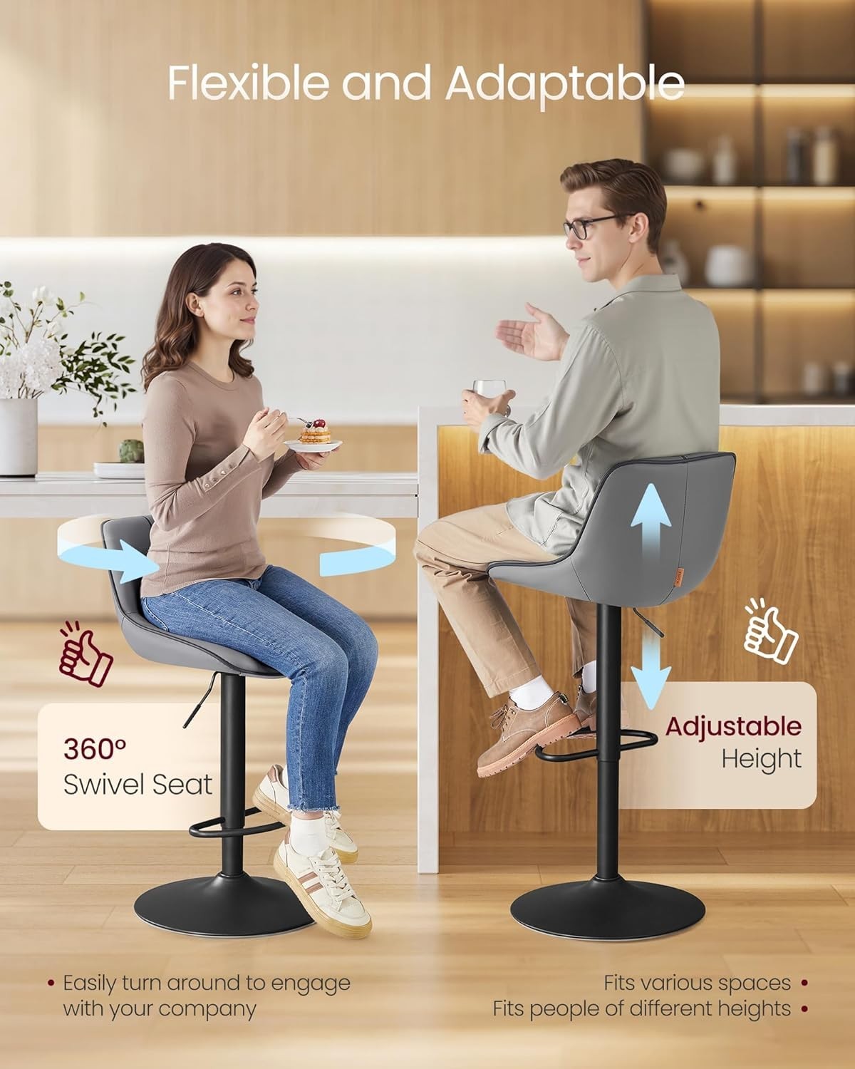 Set of 2 Adjustable Swivel Bar Stools – Slate Grey L-Shape