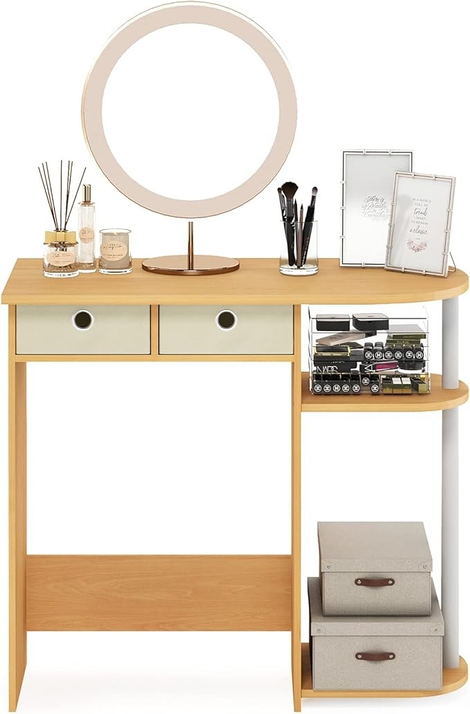 Compact Home Laptop Desk Study Writing Table Storage Shelves Beech White