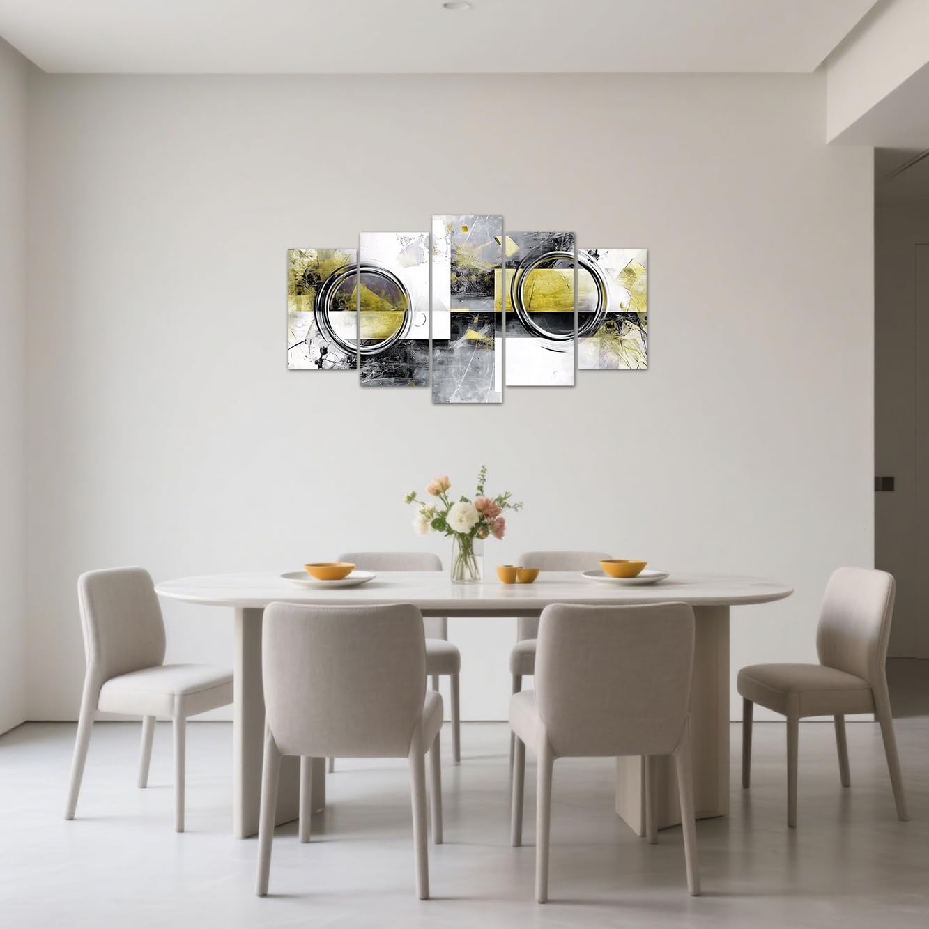 Large 5 Piece Abstract Wall Art Canvas Set Yellow Grey Framed 100x55cm