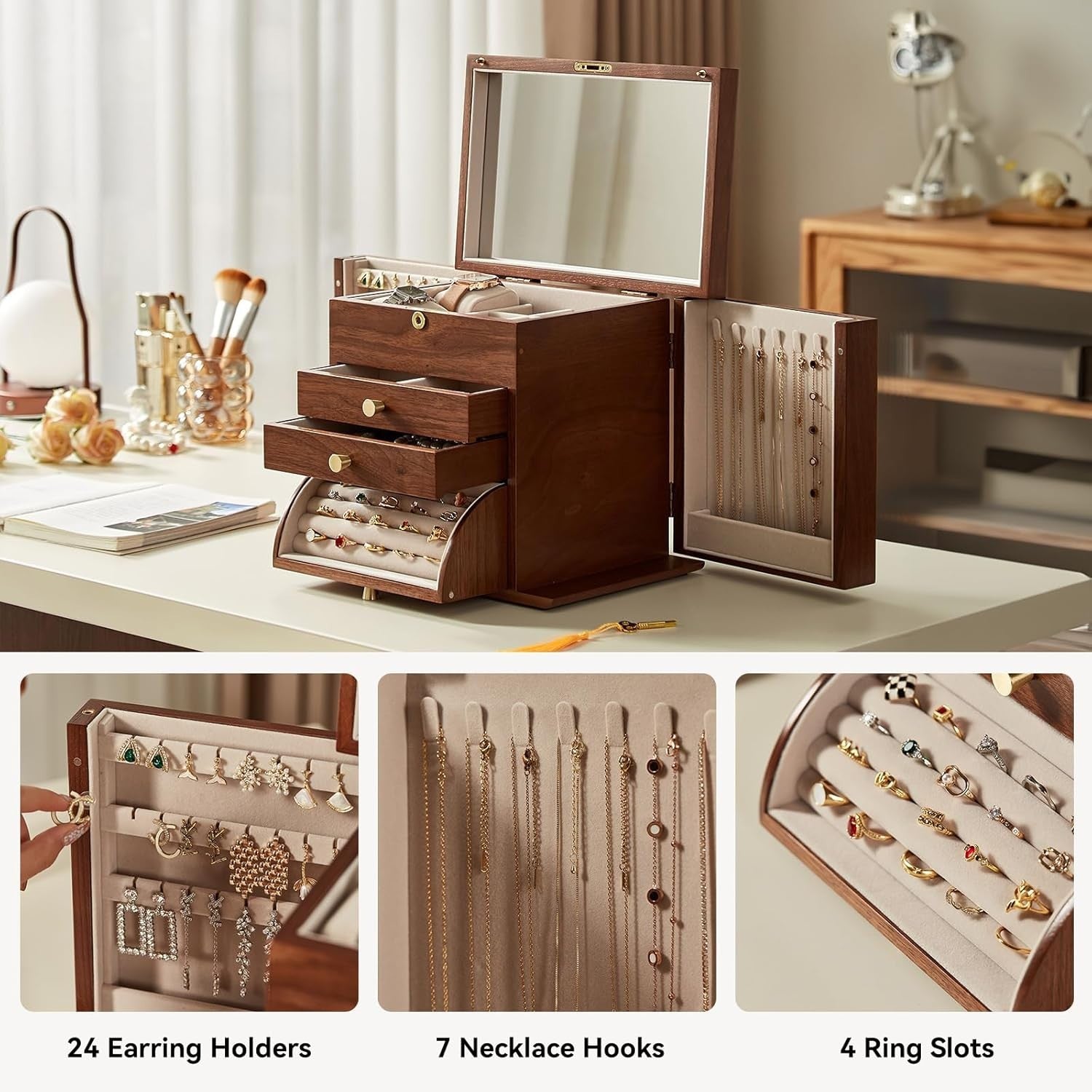 Walnut Wooden Jewelry Organizer Box Lockable Mirror 4 Tier Storage
