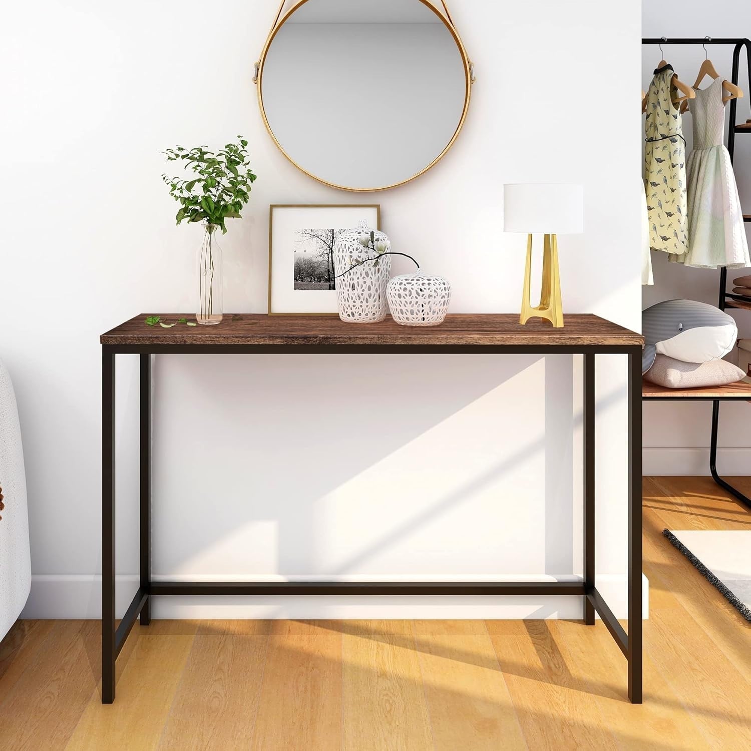 Narrow Console Table for Hallway Entryway Sofa – Rustic Wood & Metal