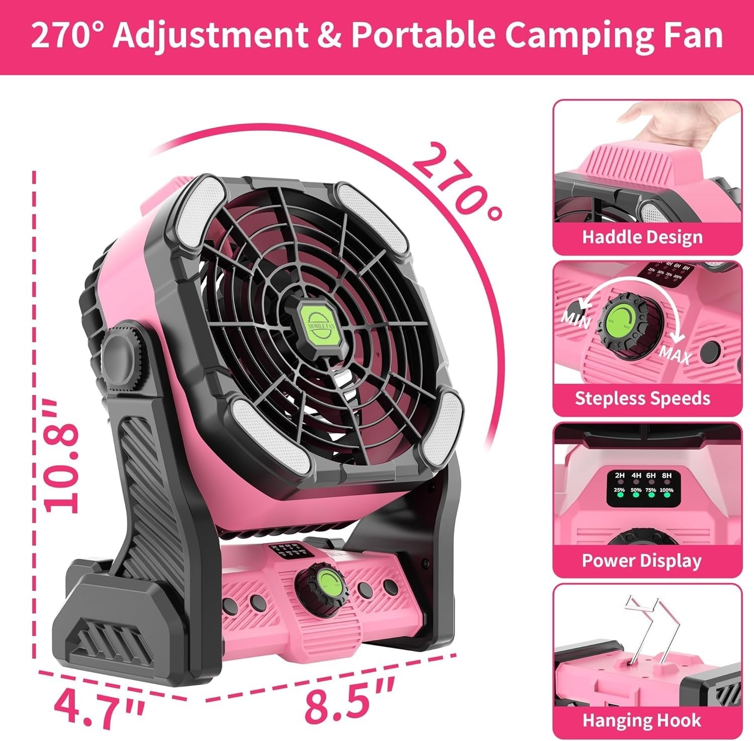 20000mAh Pink Camping Fan – Rechargeable 4-Speed Fan w/ LED Light & 270° Tilt