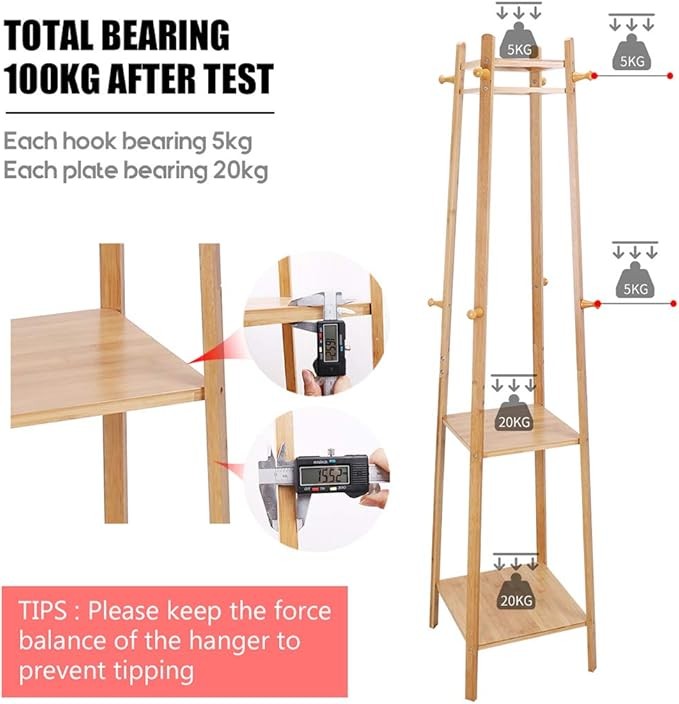Bamboo Coat Rack with Shelves | Freestanding Hall Tree with 8 Hooks & 3 Tiers