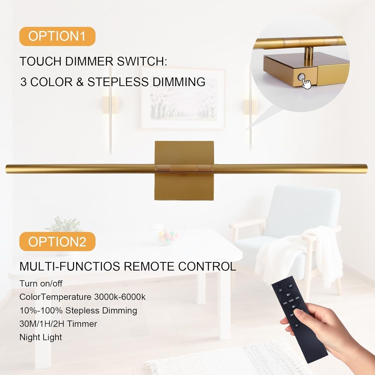 Rechargeable LED Wall Lights 2-Pack Dimmable Touch Remote 3 Color 70CM Gold