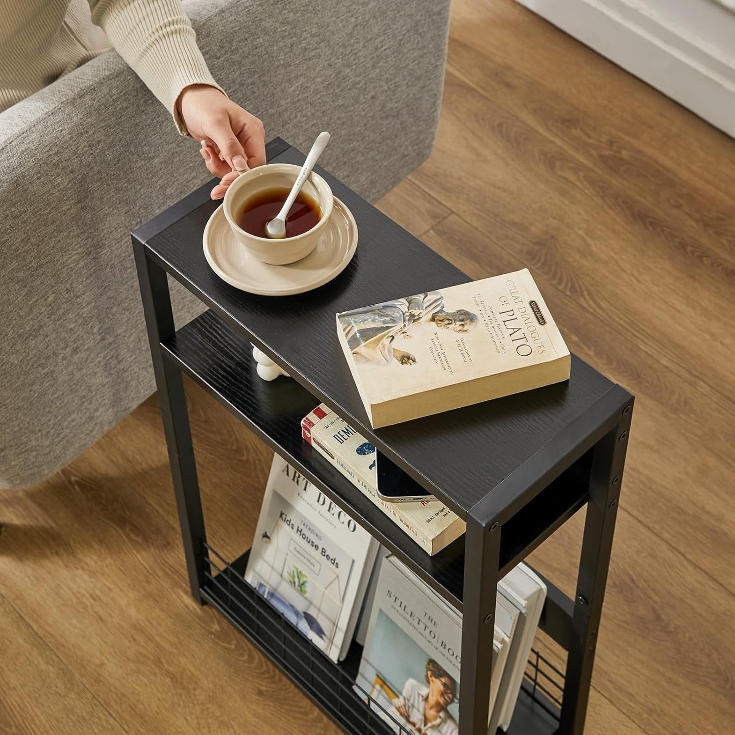 Narrow Black Side Table 3 Tier Slim End Table with Storage Shelf for Sofa Bed